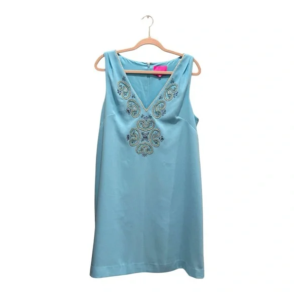 Lilly Pulitzer Penelope Blue Ibiza Beaded Shift Dress Resortwear Teal Sz 12 - Picture 2 of 11